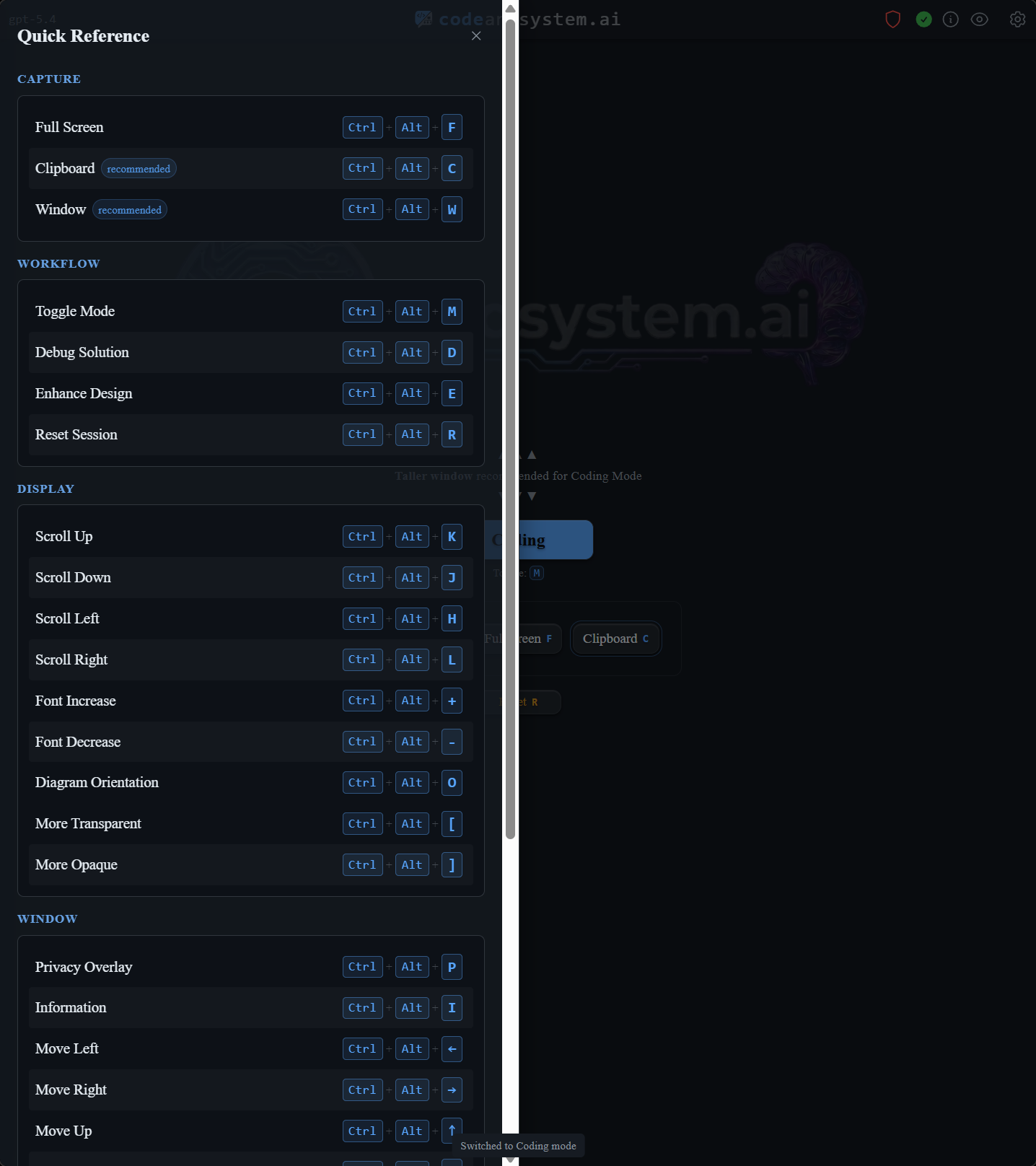 Quick reference panel showing keyboard shortcuts for capture, navigation, and workflow control